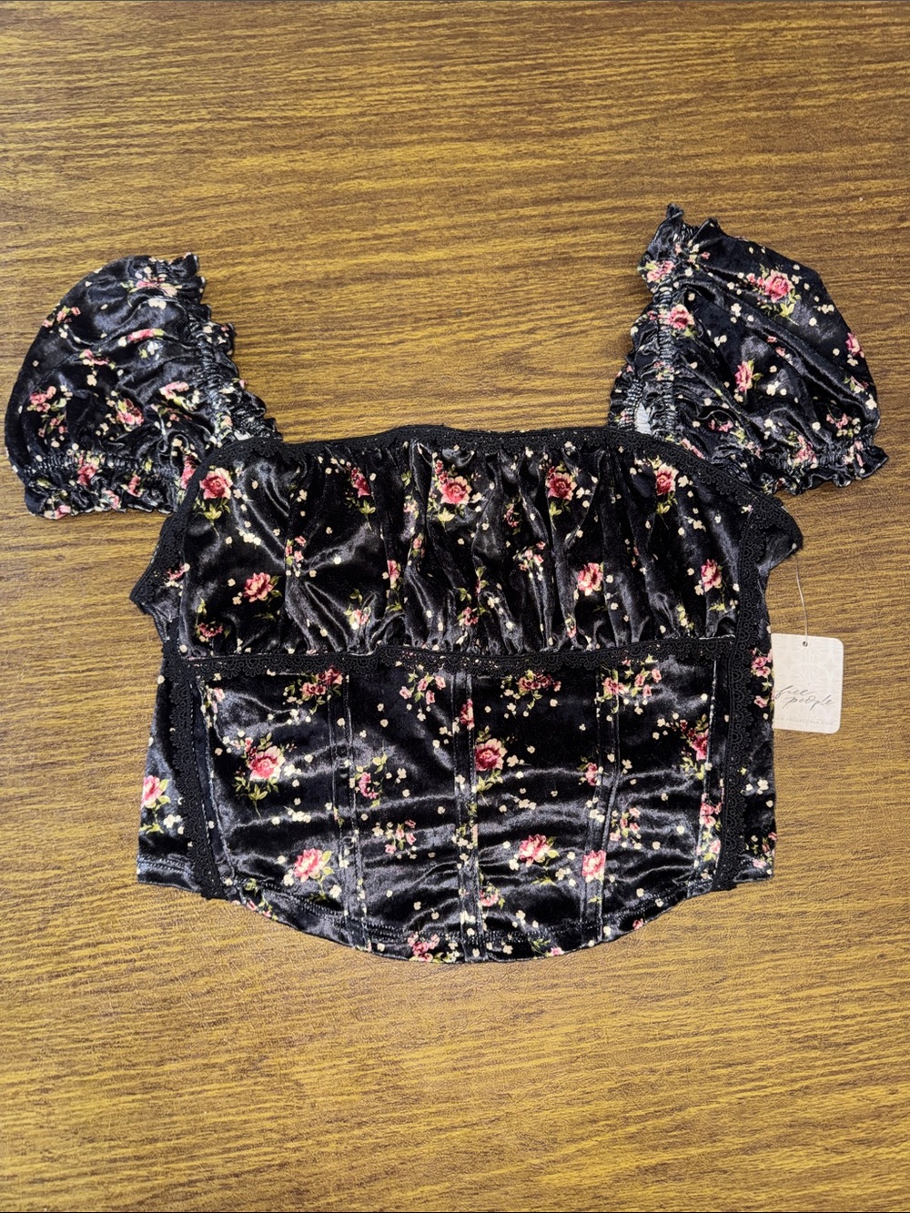 Free People Black Floral Velvet Puff-Sleeve Crop Top